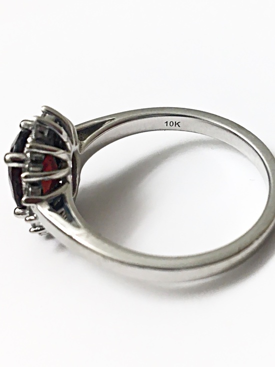 10K Gold Ring, Garnet and Diamond Halo Ring - Picture 2 of 4